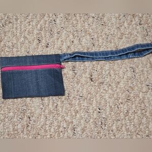 Hand Crafted Denim Wristlet with Pink Zipper